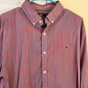 Vineyard Vines Men's Red and Blue Checkered Shirt - L
